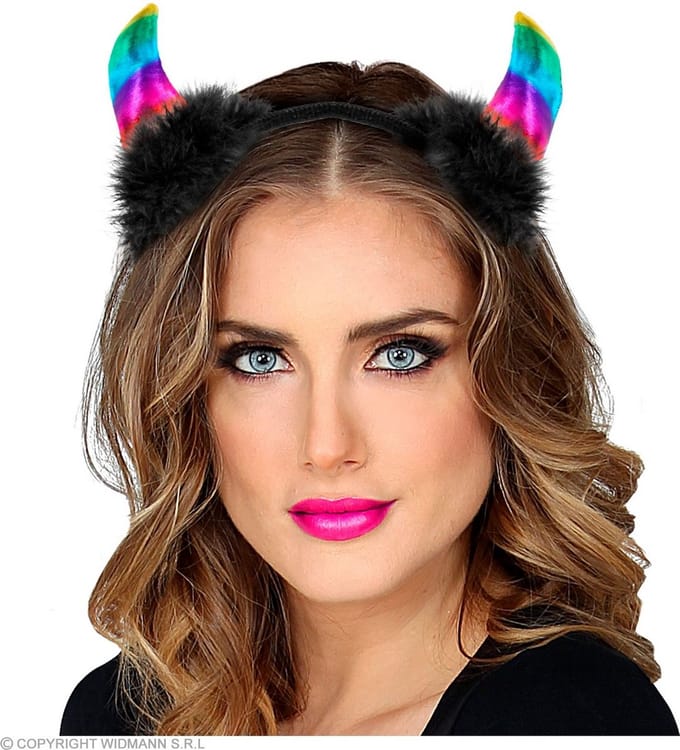 Widmann - Duivel Kostuum - Duivelshoorns Rainbow Haarband - Multicolor - Halloween - Verkleedkleding