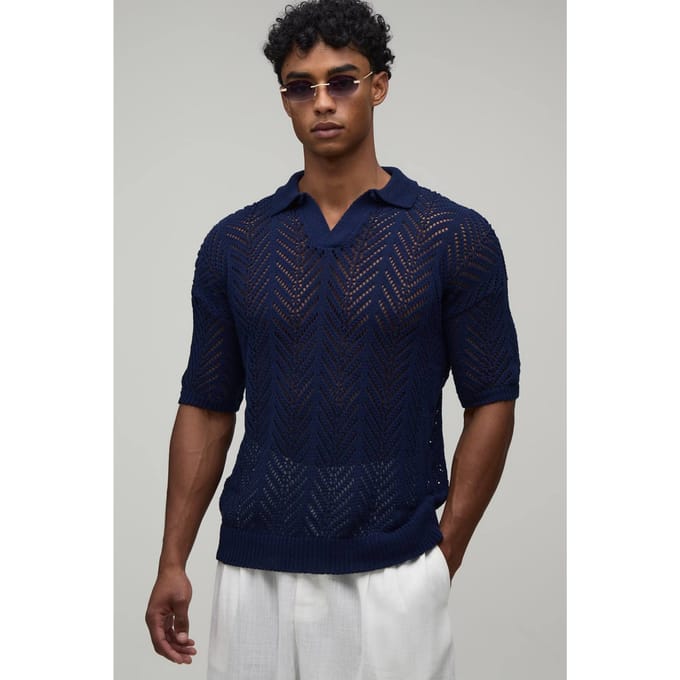 Polo Met Ontspannen Pasvorm En Open Stekenpatroon | Navy | Size Medium