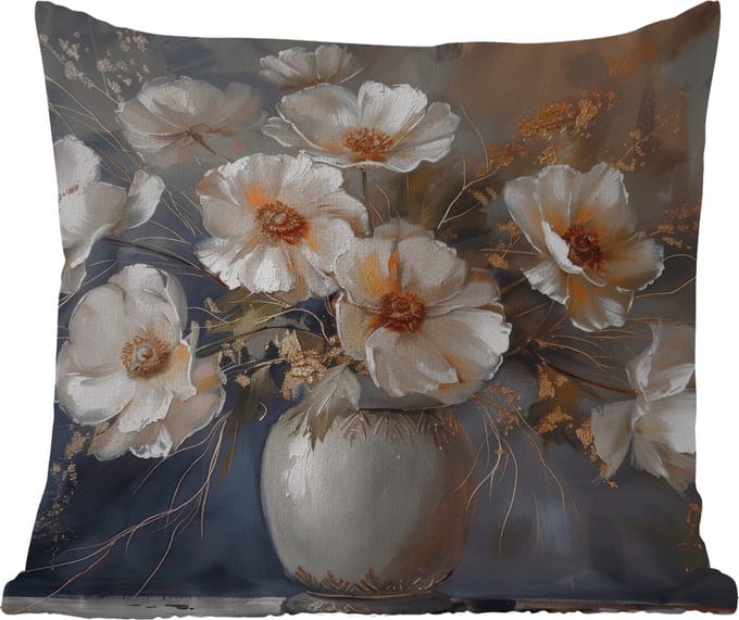Buitenkussen Weerbestendig - Bloemen - Wit - Vaas - Modern - 50x50 cm