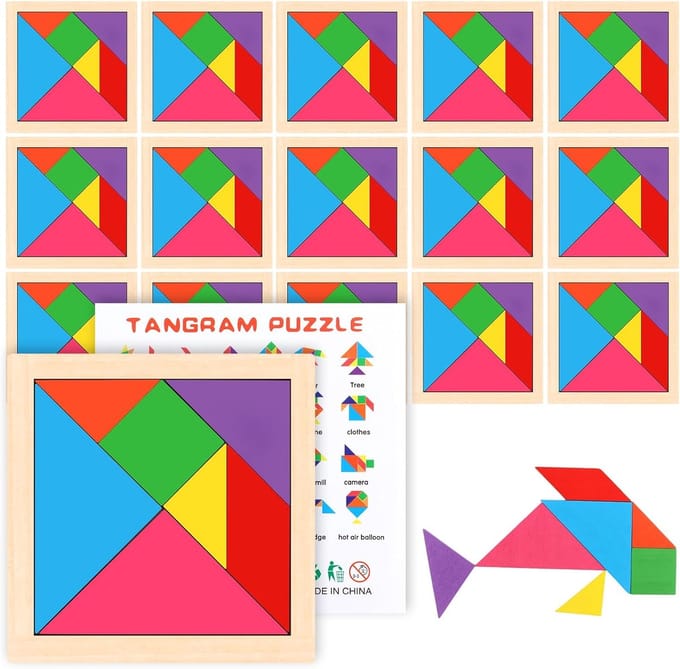 Tangram Puzzel - Houten Puzzelspel - Educatief Spelen - 16 Delige Set - 11 x 11 cm - Multicolor