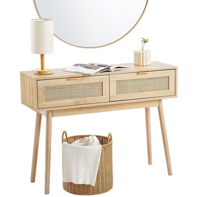 Rotan Console Tafel met 2 Opberglades Rotan Schuifdeur Natuurlijk