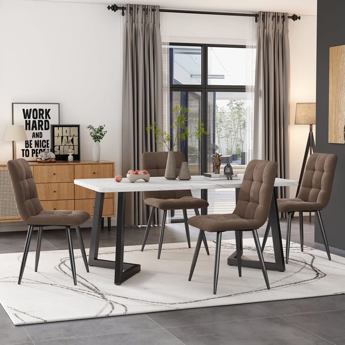 MODFU - Eethoek - Rechthoekige Tafel Met 4 Stoelen - Modern - Voor Eetkamer - MDF - Bruin En Wit - 117 X 68 Cm