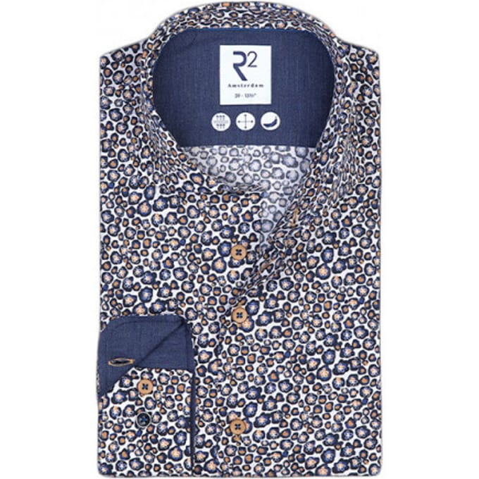 R2 Amsterdam - Overhemd Print Bloem Navy - Heren - Maat 45 - Modern-fit