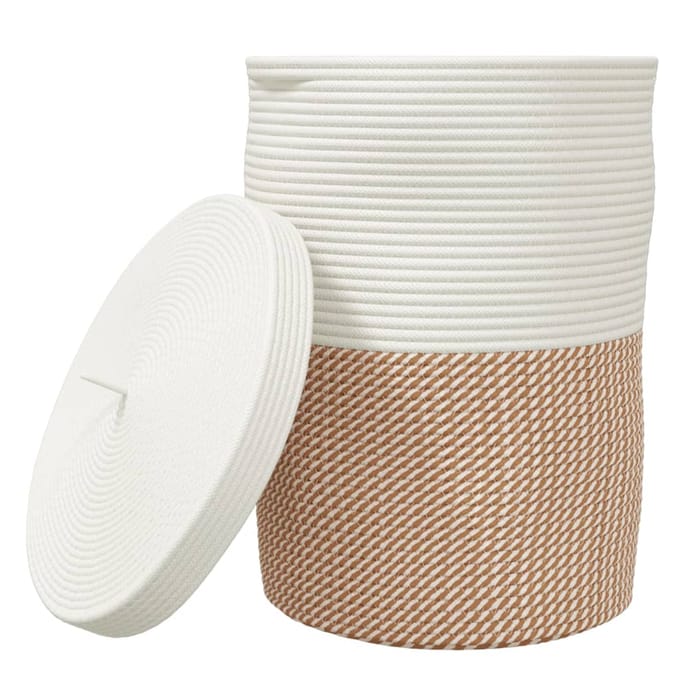 vidaXL - Opbergmand - met - deksel - Ø - 37x50 - cm - katoen - bruin - en - wit