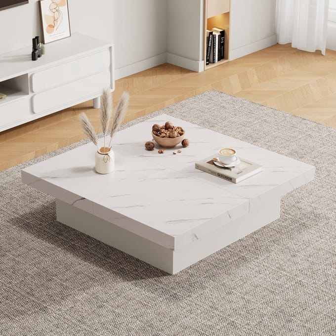 Moderne vierkante marmeren salontafel - 90 x 90 x 25 cm - vier laden - uitschuifbaar blad - wit