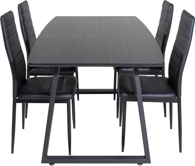 IncaBLBL eethoek eetkamertafel uitschuifbare tafel lengte cm 160 / 200 zwart en 4 Slim High Back eetkamerstal PU kunstleer zwart.