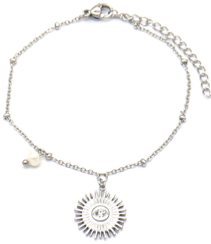 Armband Dames - Zon en Parel - RVS - Lengte 15-19 cm - Zilverkleurig