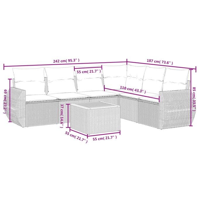 vidaXL - 7-delige - Loungeset - met - kussens - poly - rattan - grijs