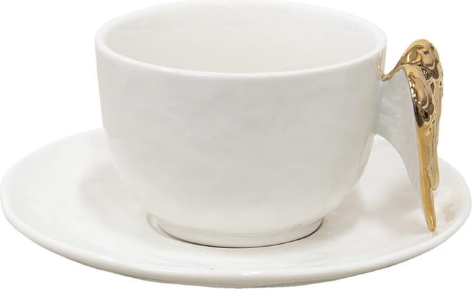 Clayre & Eef Kop en schotel 175 ml Wit Keramiek Vleugels Servies