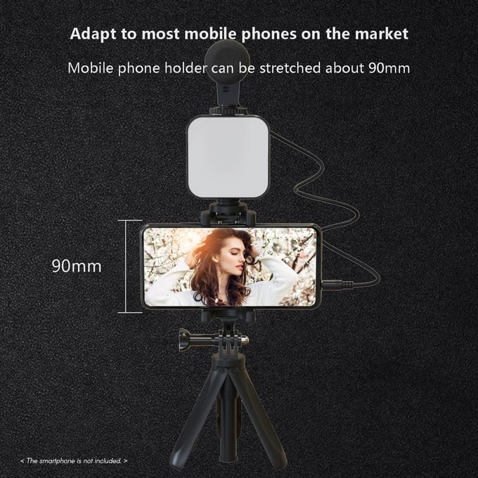 Smartphone Vlogging Kit Statief Telefoonhouder + Microfoon + Videolamp + Clip + 3,5 mm TRS naar TRRS white