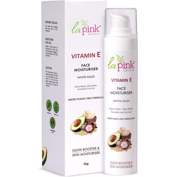 La Pink Vitamin E Face Moisturiser with White Haldi, Glow Booster, Oil Free & Lightweight | 100% Microplastic Free Formulation | 50 g white