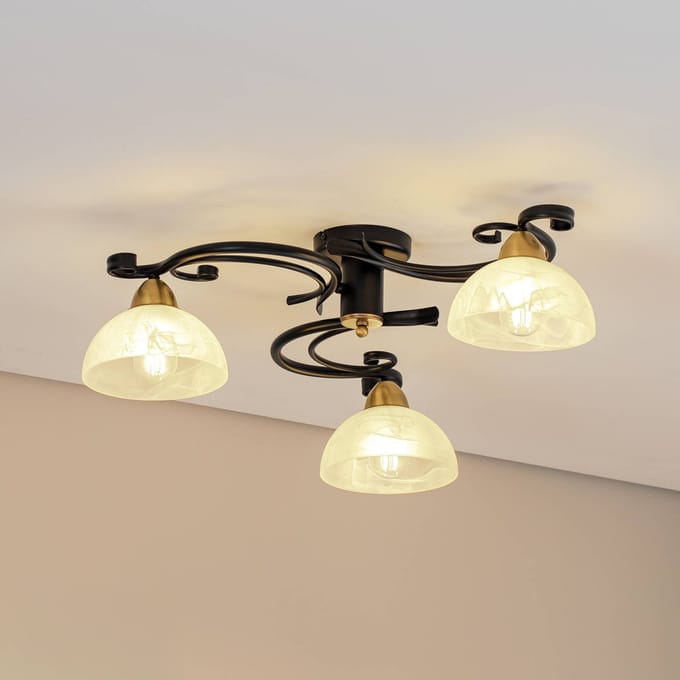 Luminex Plafondlamp Flora, 3 glazen kappen, zwart/messing