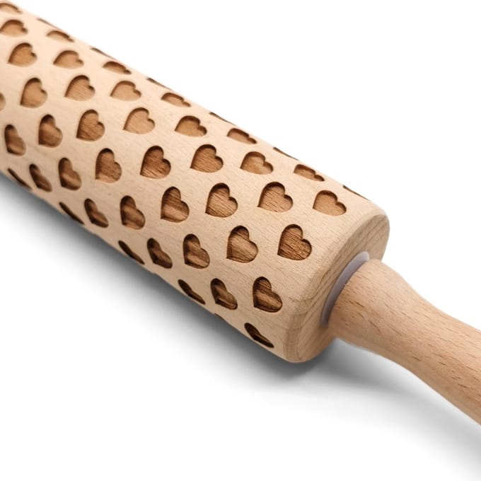 Deegroller print Hartjes- Koekjes roller decoratie Hart - Beukenhout 35cm