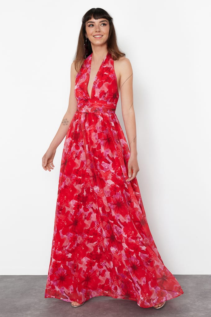 Damesjurk met bloemenprint, spaghettibandjes, slim fit, geschikt voor afstuderen/gala