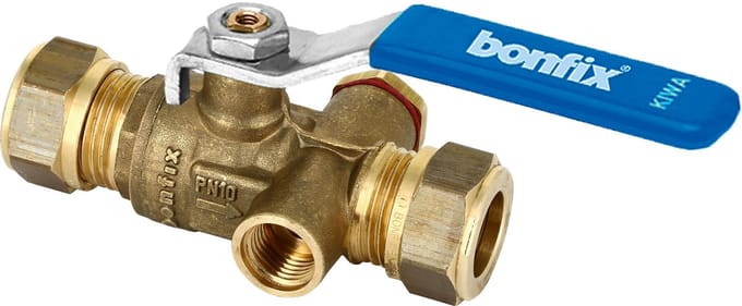 Bonfix - messing knelkoppeling / knelfitting kogelkraan met aftap 15mm FF