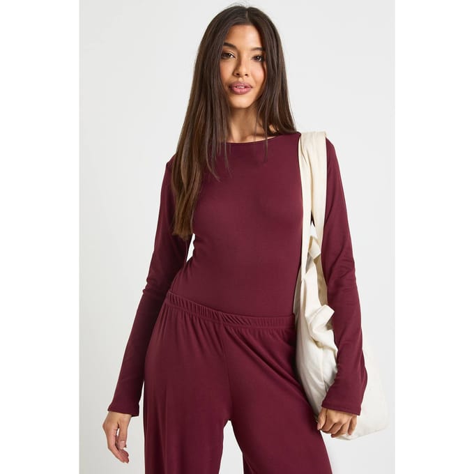 boohoo Dames Ultrazachte lange mouw bodysuit | Bordeaux Rood | Maat: 38