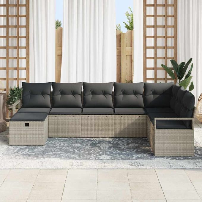 vidaXL - Bankstel - met - kussen - met - opslag - Lichtgrijs - poly - rattan
