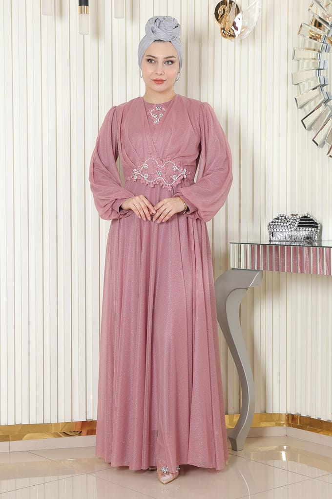 Parel Detailed Gedrapeerd Glitter Avondjurk Oud roze