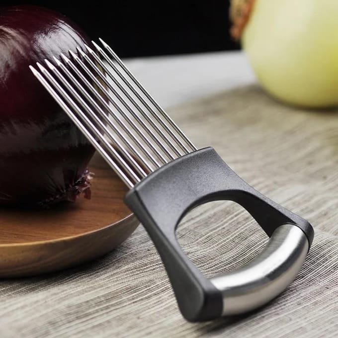 Support de coupe d'oignon en acier inoxydable, trancheur d'aliments, Assistant de coupe d'oignon de tomate, fourchette de coupe de légumes, Gadgets de cuisine noir