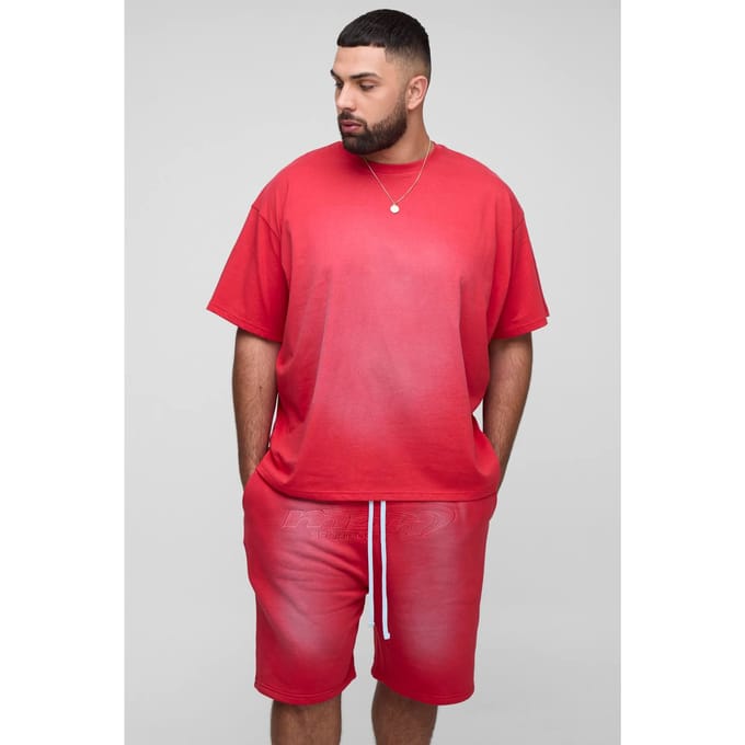 Plus OFCL Applique Spray Wash T-Shirt & Oversized Drop crotch Short Set | Red | Size 5XL