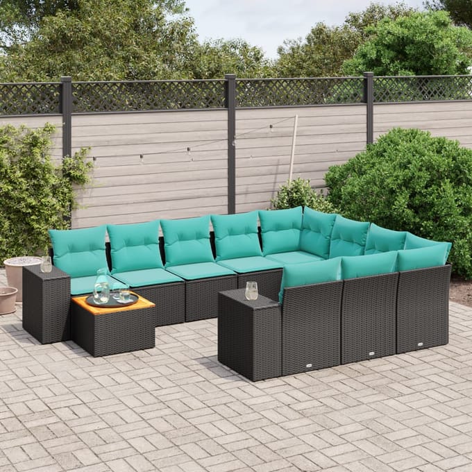 vidaXL - 11-delige - tuinbankset - met - kussens, - zwart - polyrotan
