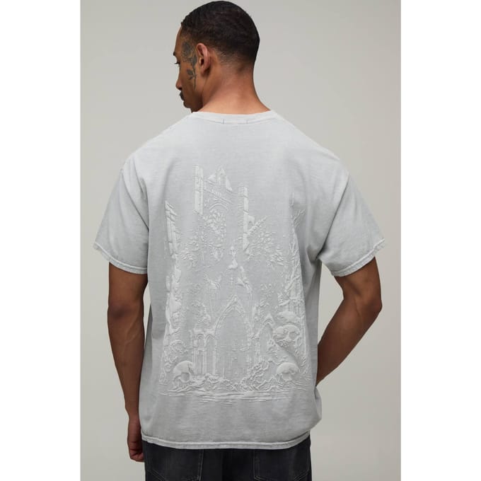 Oversized Gothic T-shirt Met Tonale Print En Washed Effect | Grey | Size XL