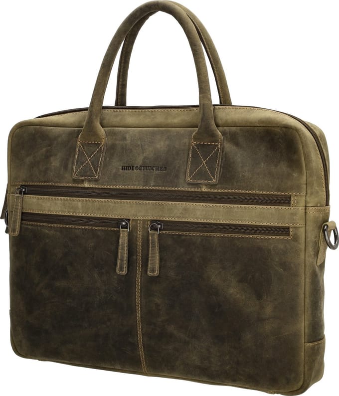 Hide & Stitches Idaho Laptoptas 15,6 inch (34.5x19.4 cm) - 100% Leer - Olijfgroen