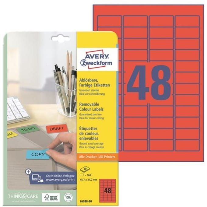 Etiket avery zweckform l6038-20 45.7x21.2mm rood 960stuks