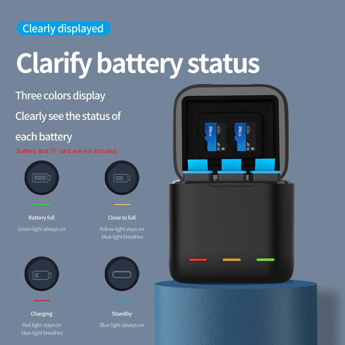 TELESIN GP-BCG-901 3-kanaals USB Batterij Snellader Batterij Opberg Draagkoffer met USB zwart