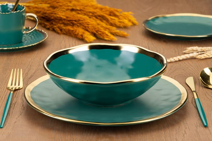 HowHomely LISSA - Bordje Set - Groen en Goud - Keramiek - 8 stuks