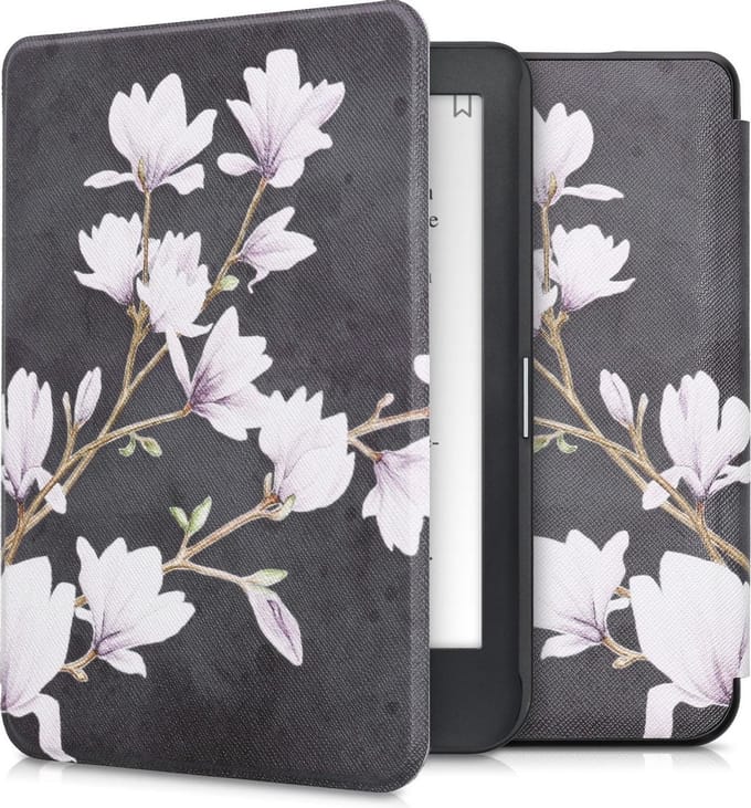 kwmobile e-reader hoesje geschikt voor Kobo Clara HD hoes - E reader flip case met magnetische sluiting - Ereader cover - Magnolia design in taupe / wit / donkergrijs