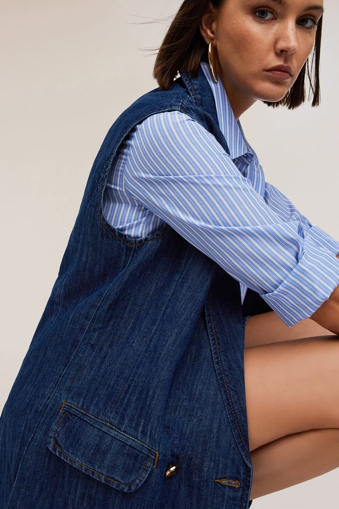 Motivi Double-breasted Oversized Waistcoat In Linen-blend Denim Blu Größe: S | Gilets Outlet | Damen | Blau