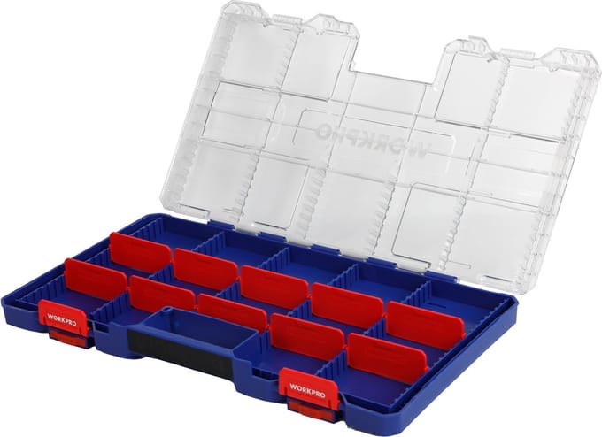 WORKPRO WP409052 Opbergbox Maat L – 433 × 248 × 49 mm | Modulair & Koppelbaar met 10 Verdeelvakken