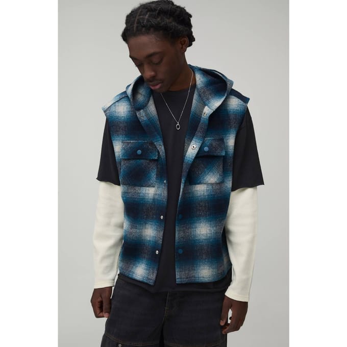 Oversized Brush Check Hooded Sleeveless Overshirt | Blue | Size Small