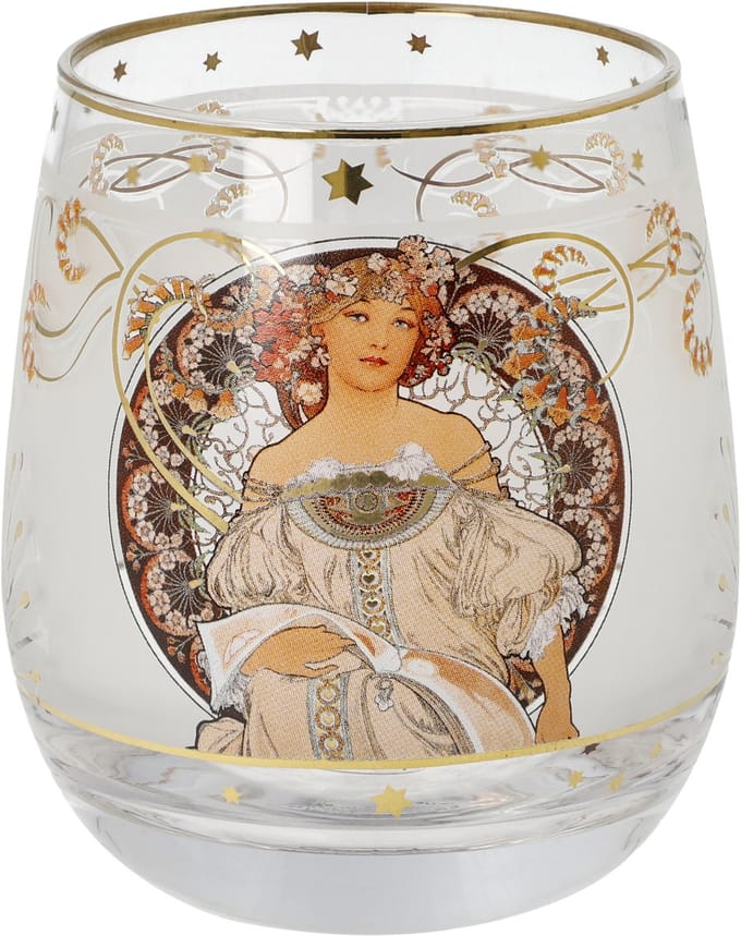 Goebel - Alphonse Mucha | Windlicht / Theelicht Mijmering | Glas - 9cm - waxinelicht houder - met echt goud