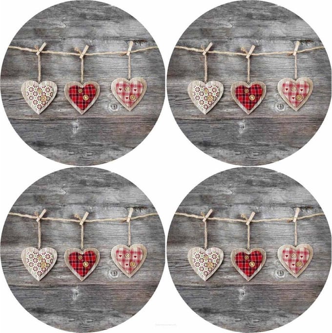 Bertoni - Placemats - tafelmatten set van 4 stuks - rond - 33 cm - Harten - grijs