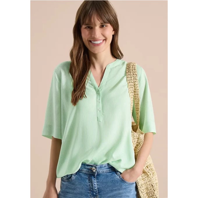 Blouse met korte mouwen, gespleten hals en strepen