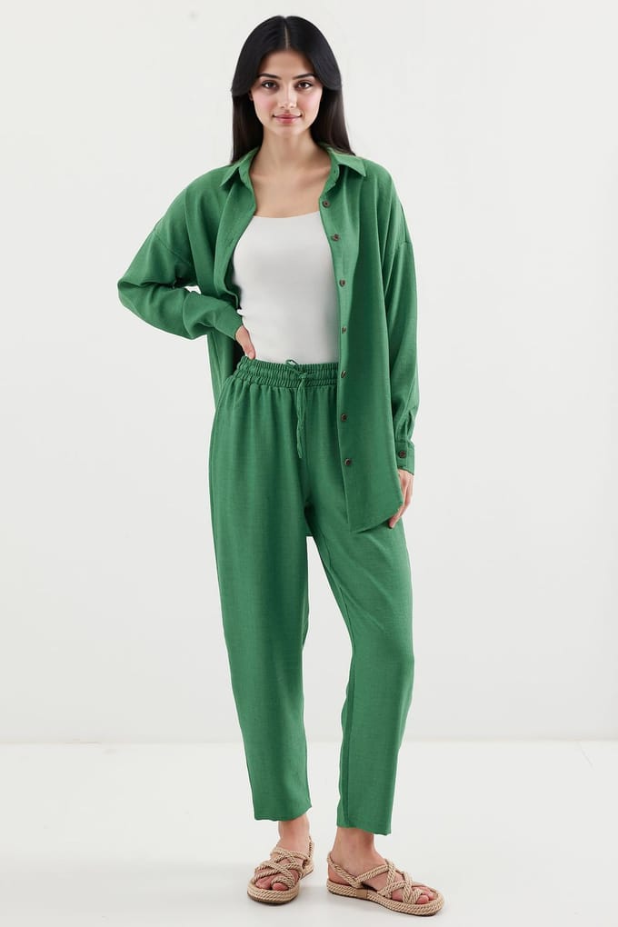 Linnenmix Lange Mouwen Shirt en Broeken Set