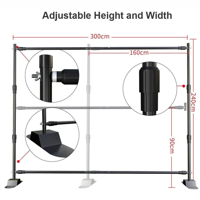 Andoer 2,4 * 3 meter / 7,9 * 10ft studiofotografie achtergrondondersteuningssysteem aluminiumlegering 2.4 x 3 Meters black