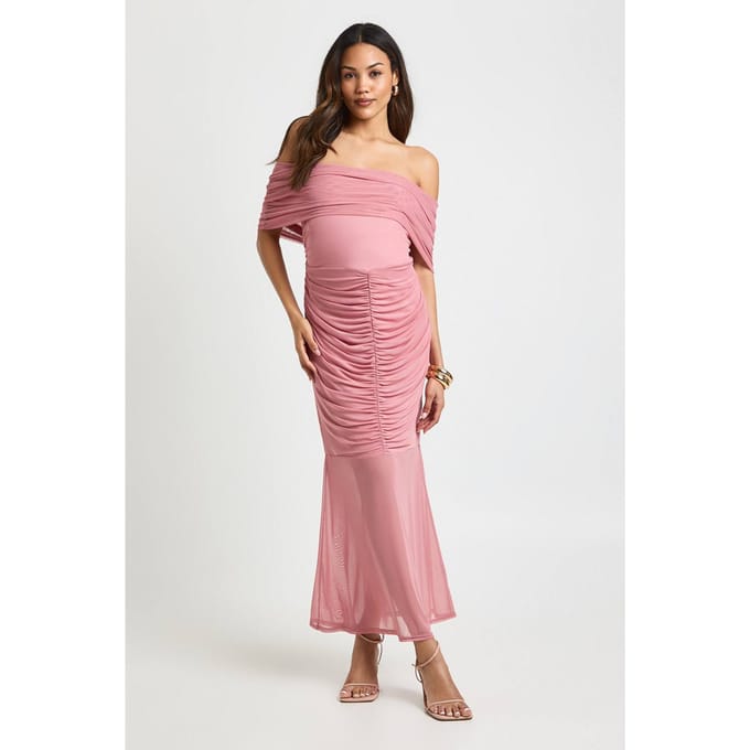 boohoo Dames Zwangerschaps Gerimpelde Bardot Mesh Zoom Midaxi | Rose | Maat: 10