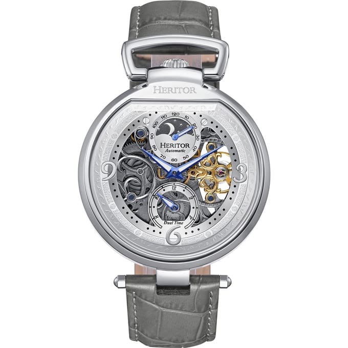 Heritor Automatic Lincoln Skeleton Horloge met Leren Band en Maanfase - Grijs
