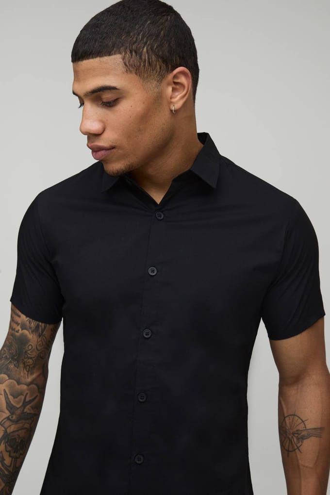 Stretch Fit Korte Mouw Overhemd | Black | Size Small