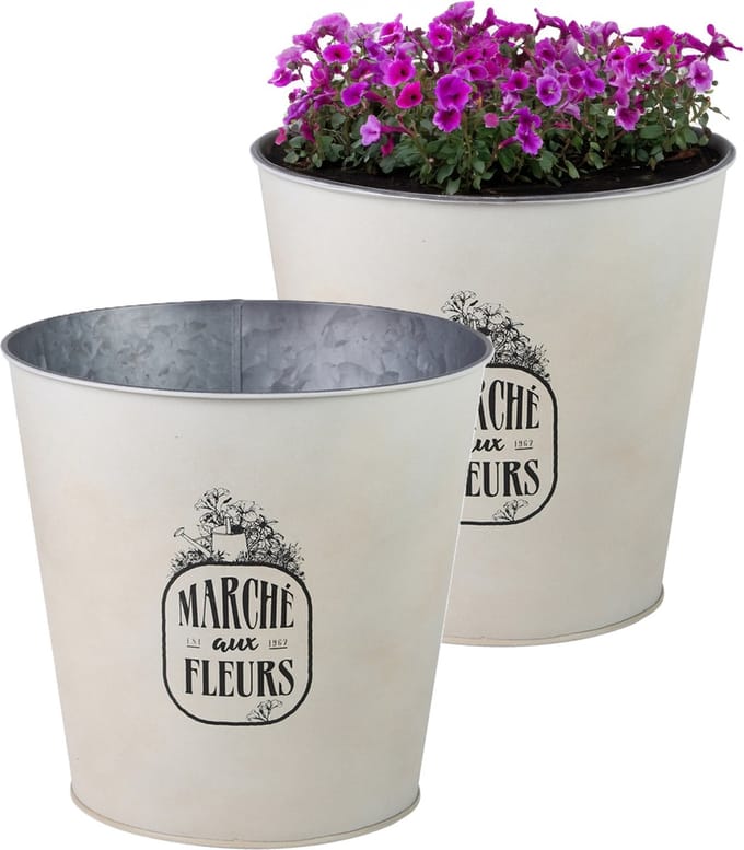 Sunnydays Emmer/plantenpot/bloempot - 2x - zink - ivoorwit - D23 x H22 cm