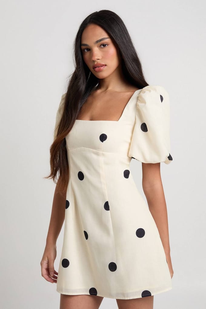 boohoo Dames Grote gestippelde shiftjurk met linnen-look | Natural | Maat: 36