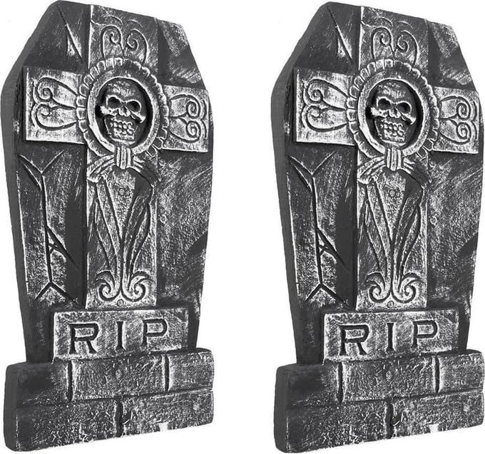 Boland Grafsteen schedel - Set van 2x stuks - 50 x 27 cm - polystyreen - RIP - halloween - horror - kerkhof