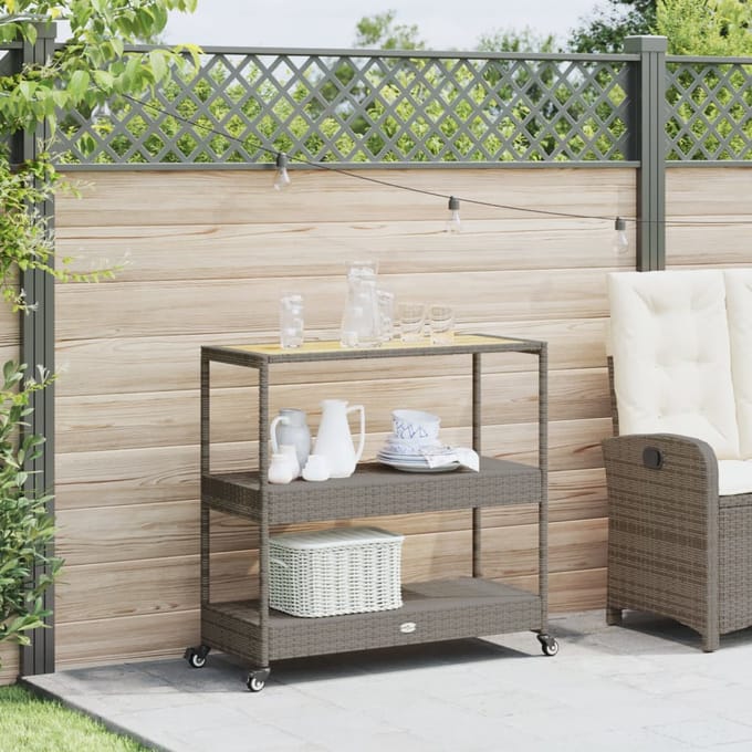 vidaXL - Keukentrolley - 3-laags - poly - rattan - en - massief - acaciahout - grijs