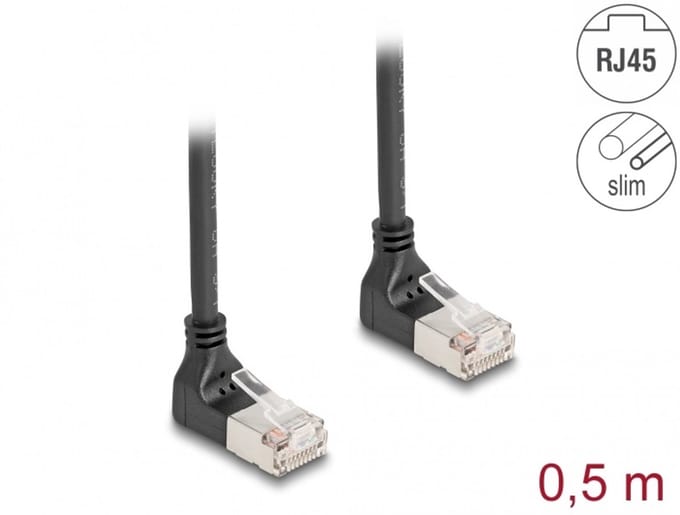 Delock RJ45 Network Cable Cat.6A S/FTP Slim 90° upwards / upwards angled 0.5 m black