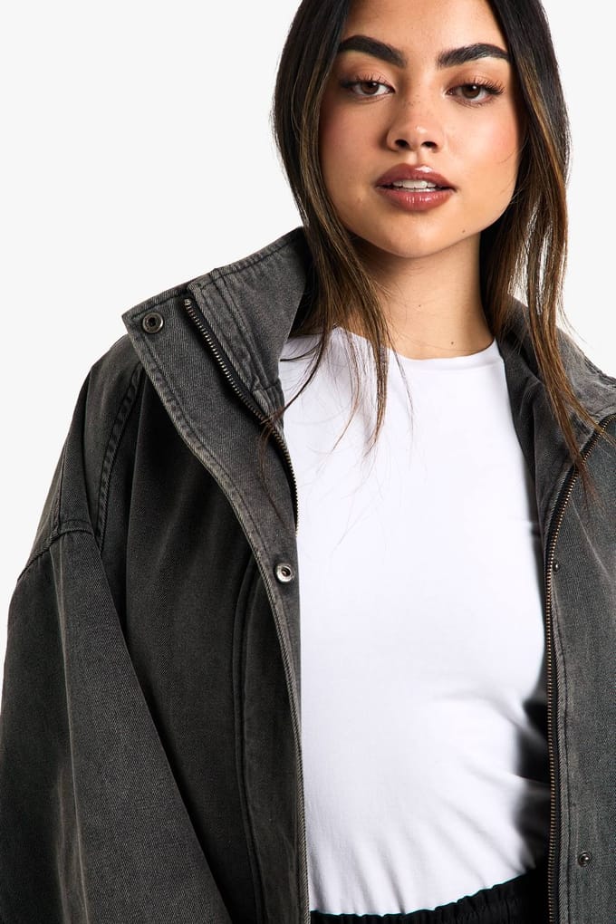 boohoo Dames Denim Oversized Bomberjas | Grijs | Maat: 38