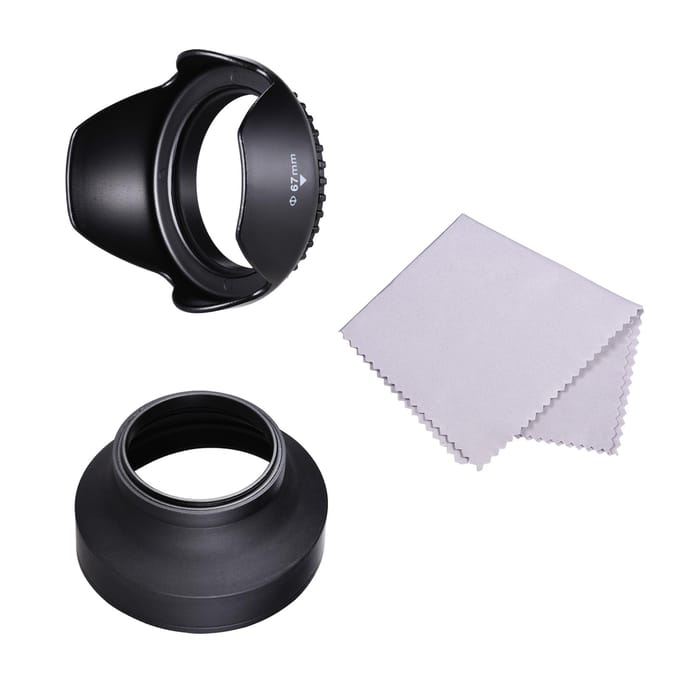 Ensemble de pare-soleil d'objectif 67 mm avec pare-soleil en forme de tulipe + pare-soleil d'objectif pliable en caoutchouc + chiffon de nettoyage d'objectif 58mm white