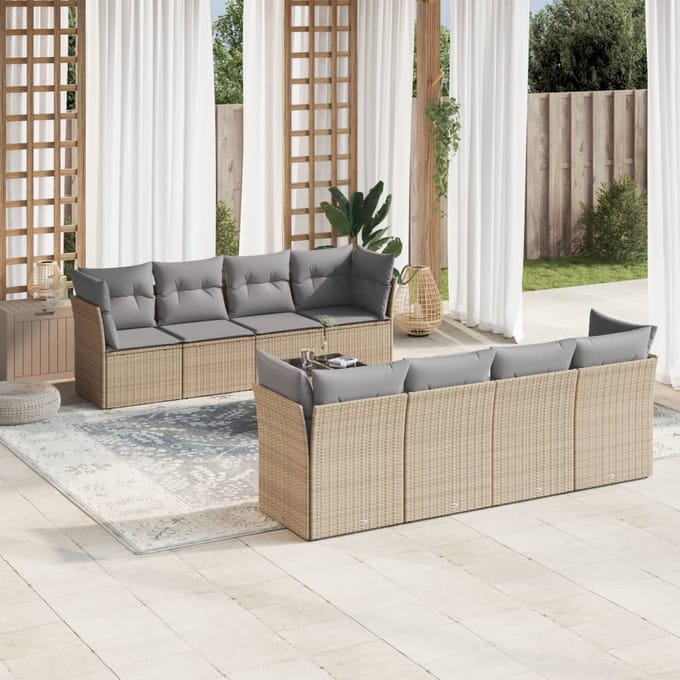 vidaXL - 9-delige - Loungeset - met - kussens - poly - rattan - beige